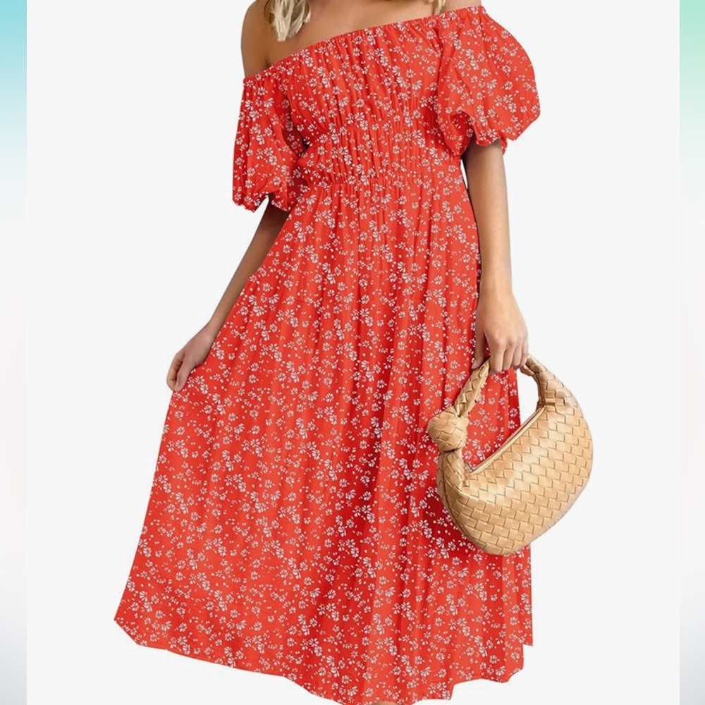 Amazon Zesica Midi off the Shoulder Dress | Red Floral | Size XL